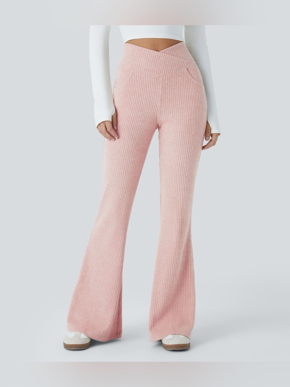 Halara Ribbed Knit Crossover High Waisted Pocket Casual Flare Pants
